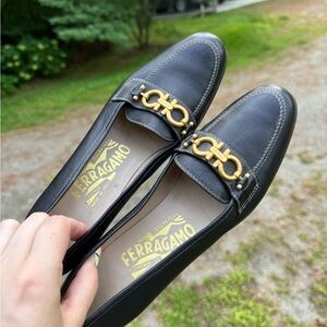 Salvatore Ferragamo Black Loafers with Gold Accents